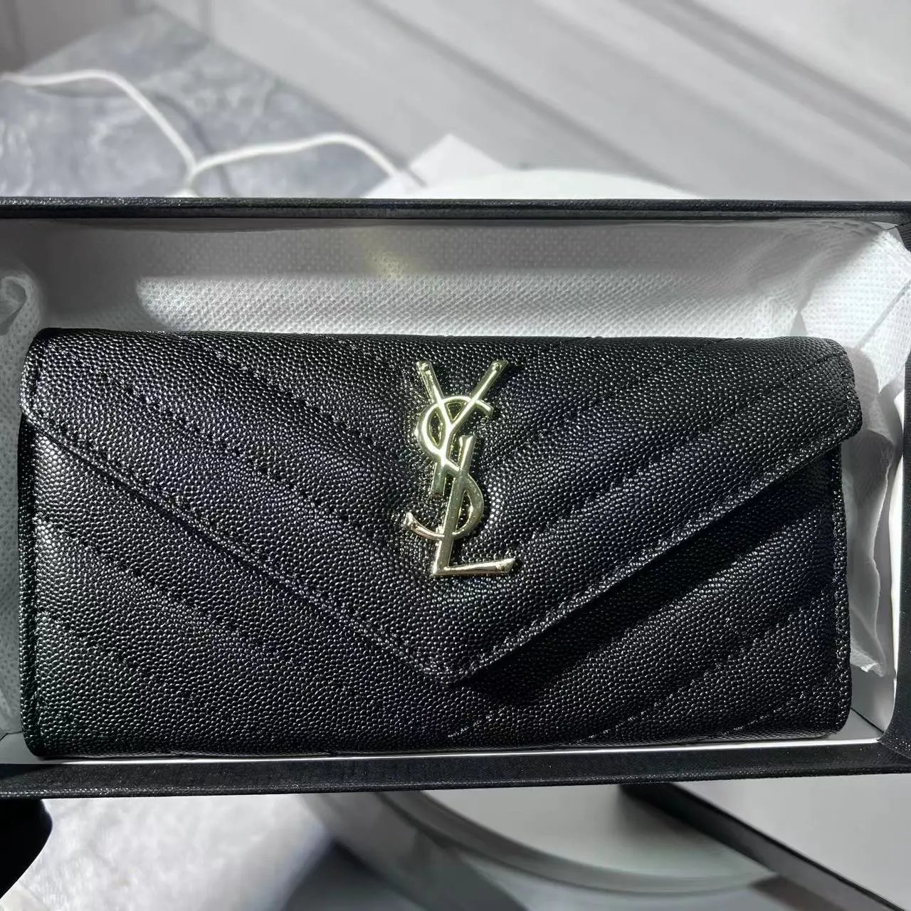 Saint Laurent Cassandre Large Flap Wallet Matelassé Grain de Poudre Black