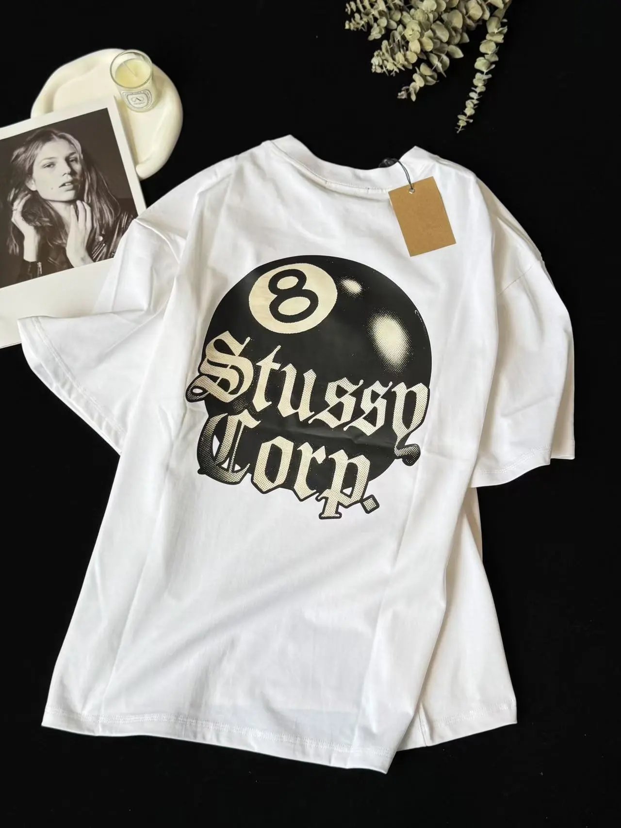 ⭐⭐19048⭐68 Black 8 Letter Print Round Neck Pullover Short Sleeve T-Shirt Men's and Women's