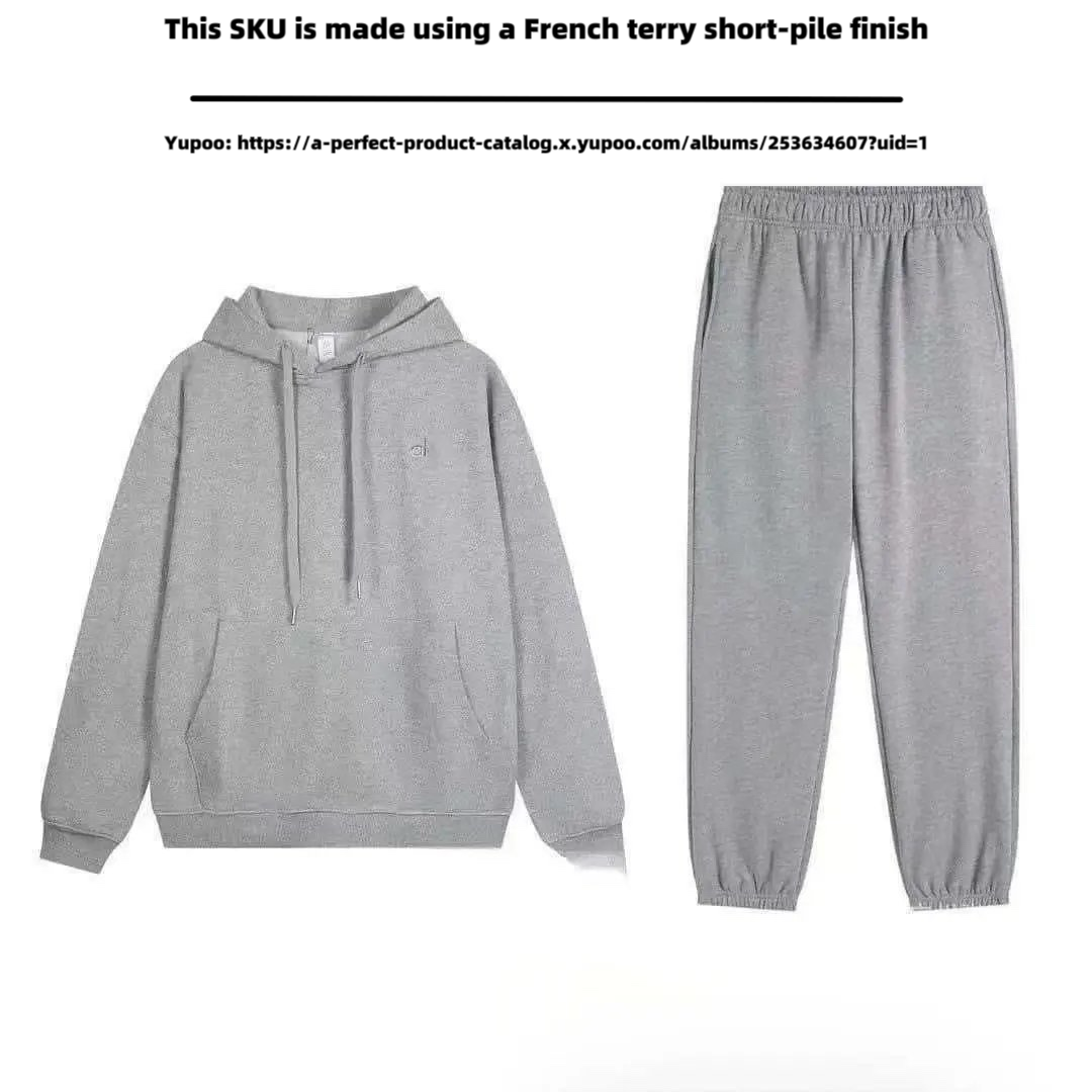 Grey hoodie and ankle pants set (made of French looped short fleece fabric)