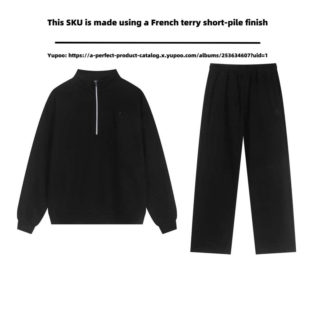 Black half zip straight leg pants set (French looped short fleece fabric)
