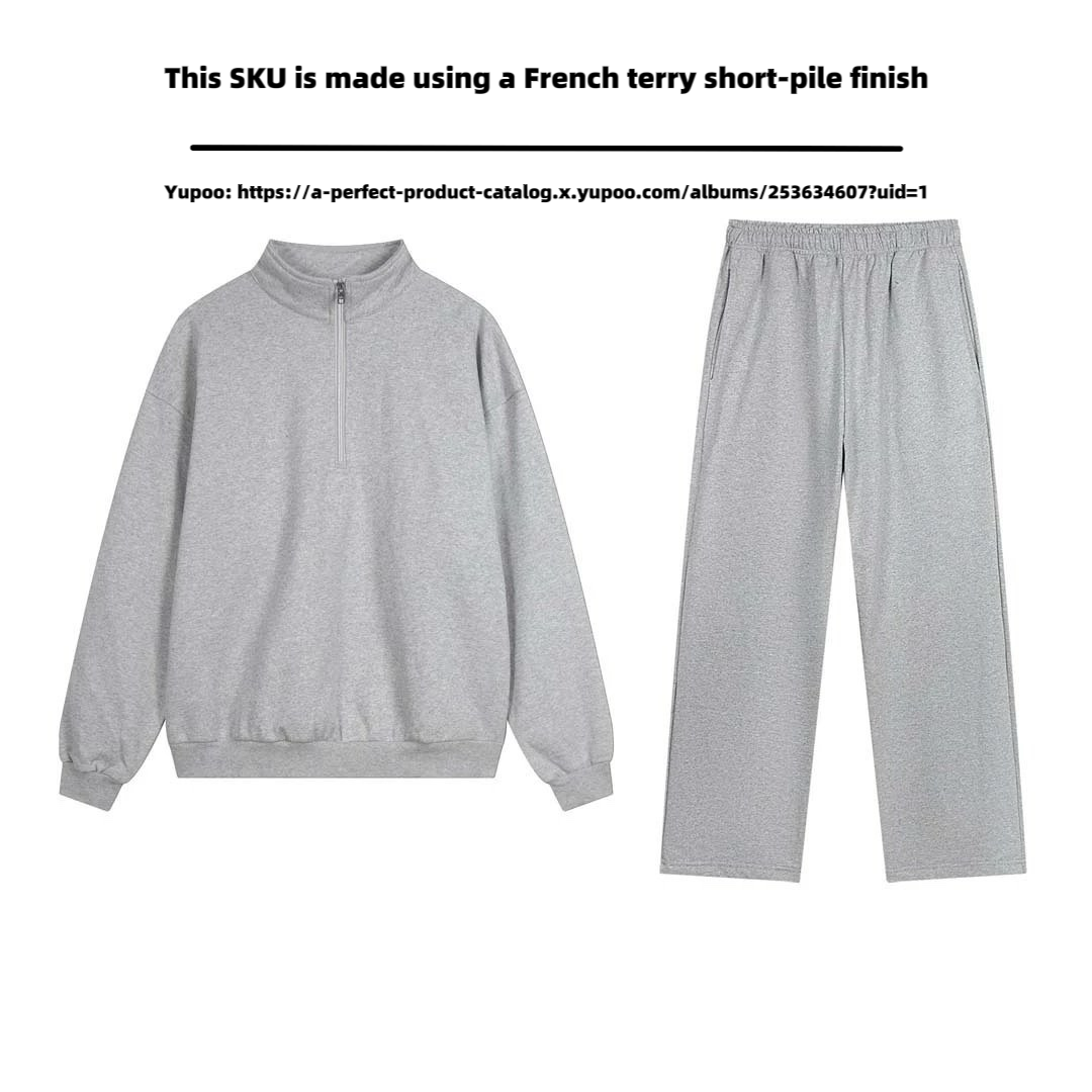Grey half zip straight leg pants set (French looped short fleece fabric)