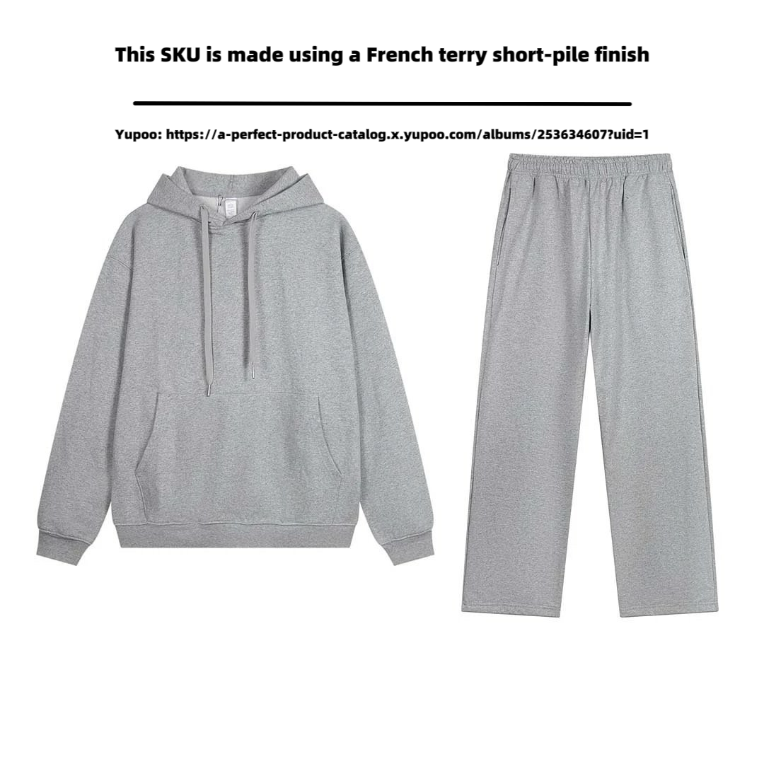 Grey hoodie straight leg pants set (French looped short fleece fabric)
