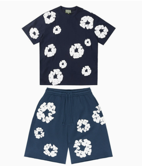 Foam Navy Blue Short Sleeve Set [White Floral Wreath]