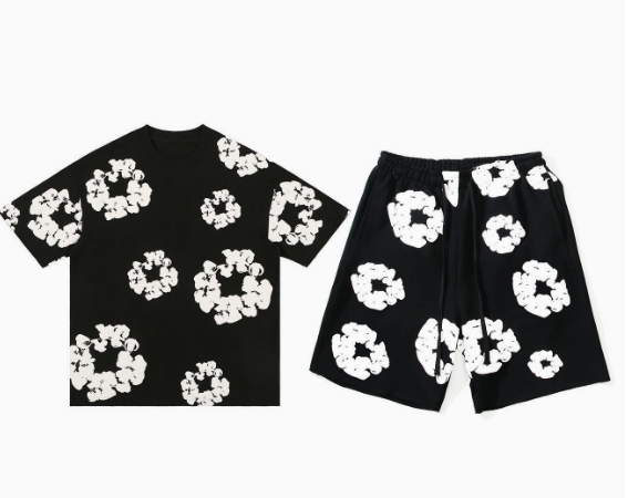 Black Short Sleeve Set [White Floral Wreath]