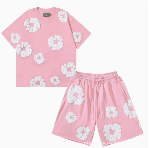 Rose Pink Short Sleeve Set [White Floral Wreath]