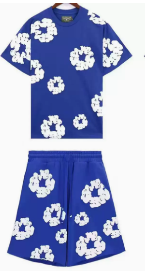 Foam Royal Blue Short Sleeve Set [White Floral Wreath]