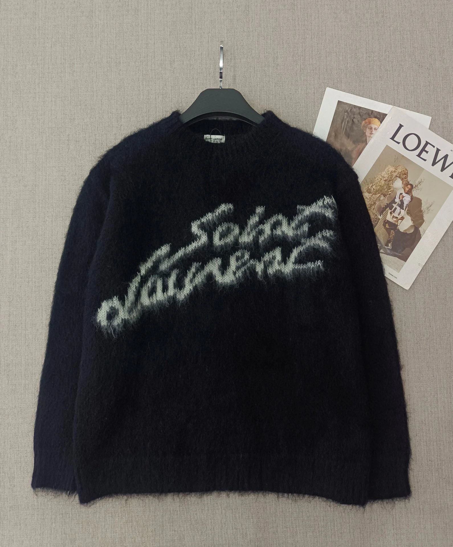 Saint Laurent black fuzzy knit sweater with script logo product photo 3