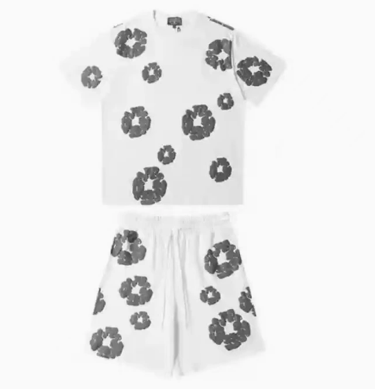 White Short Sleeve Set [Gray Floral Wreath]