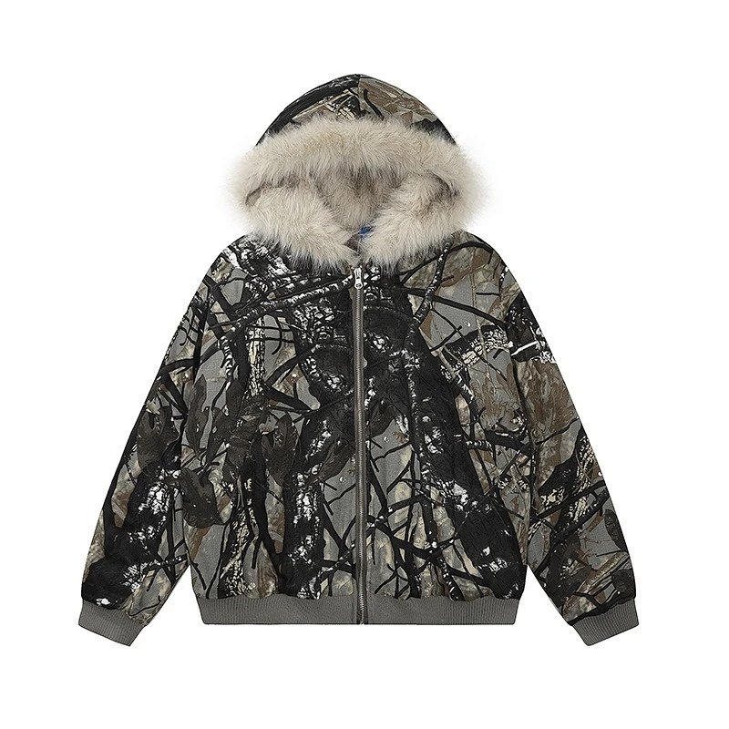 Tree Patern Fur Zip up Hoodie