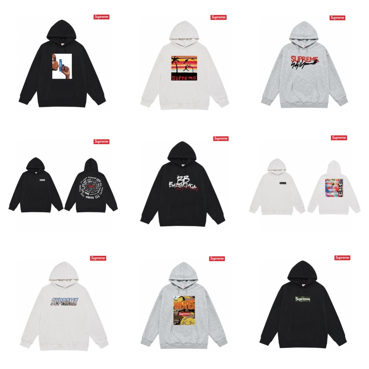 Supreme Hoodie in Black, White, and Grey with Various Graphic Prints