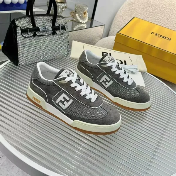 Fendi FF Logo Suede Sneakers Gray and White - 1