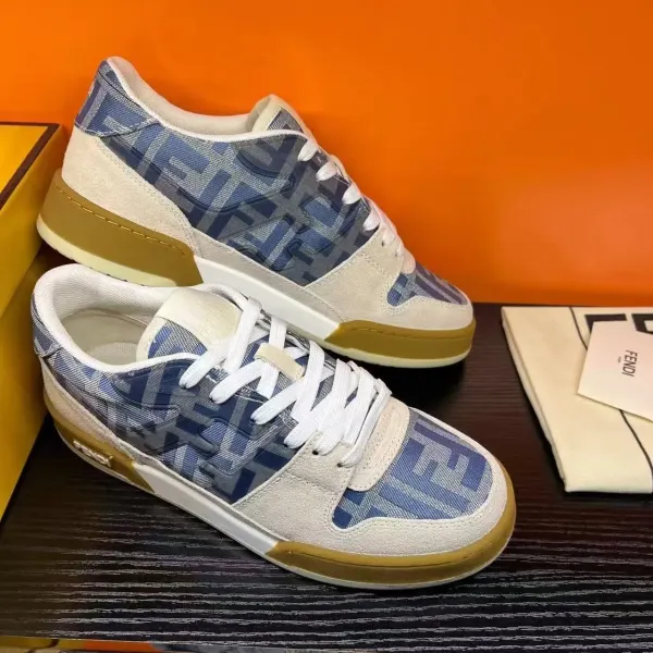 Fendi FF Logo Print Low-Top Sneakers Blue Beige - 1