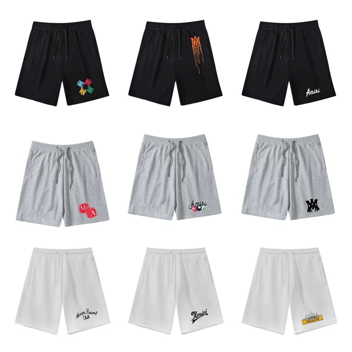 Amiri Black, Grey, and White Drawstring Shorts