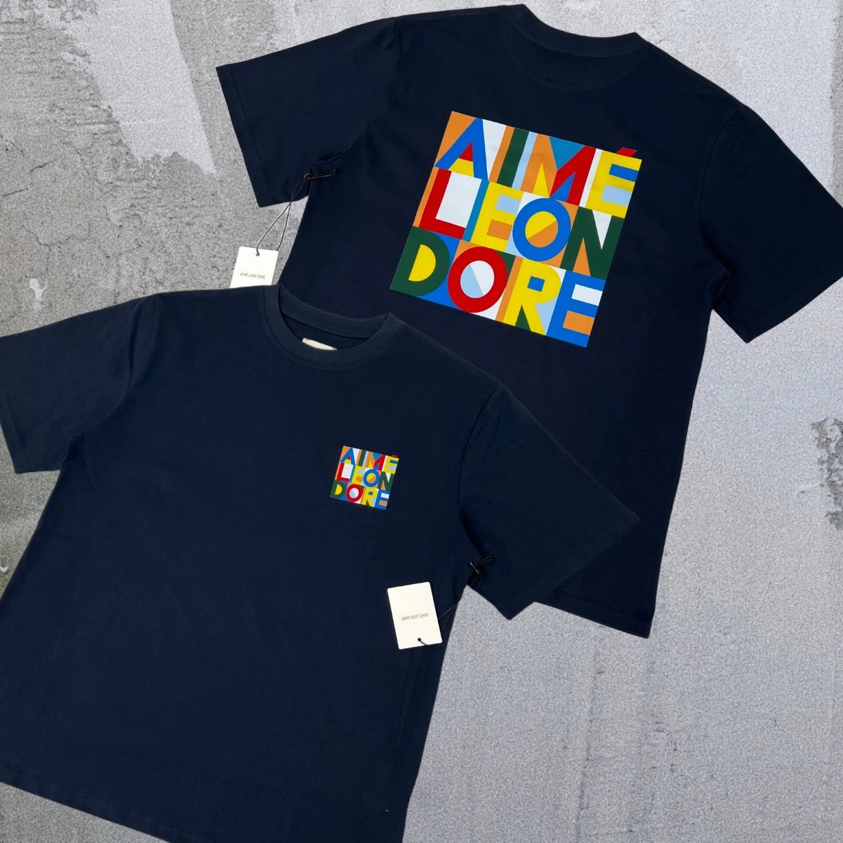 Aimé Leon Dore T-Shirts Short-sleeve logo graphic T-shirt — Royal blue abstract color blocks A04