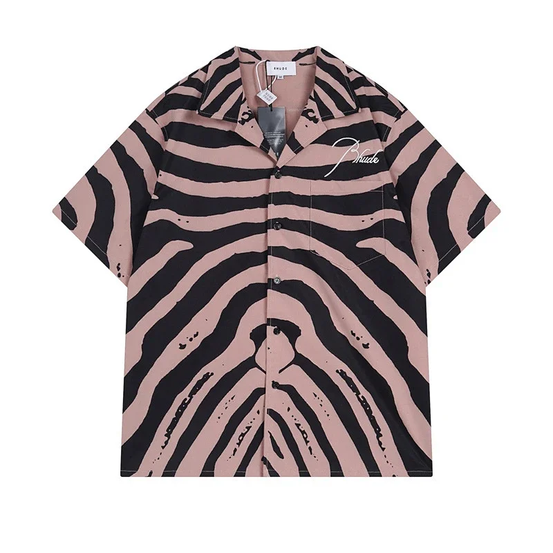 Rhude Shirts Embroidered Palm Tree Color-Block Short-Sleeve Shirt — C 03 Light Pinkish Top