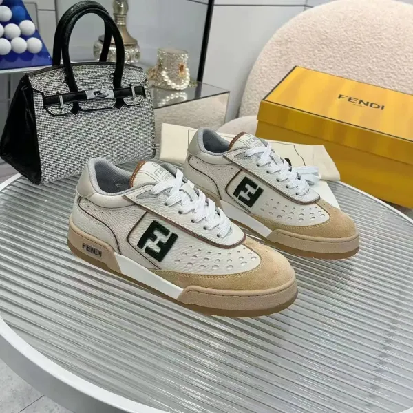 Fendi FF Logo Sneakers Beige and White Leather Suede Sneakers - 1