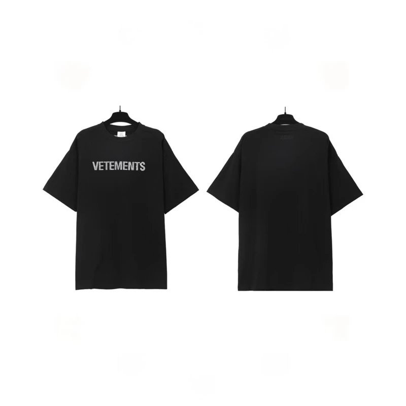 Vetements T-Shirts Graphic Print — Black Hot Drilling Letters 7011