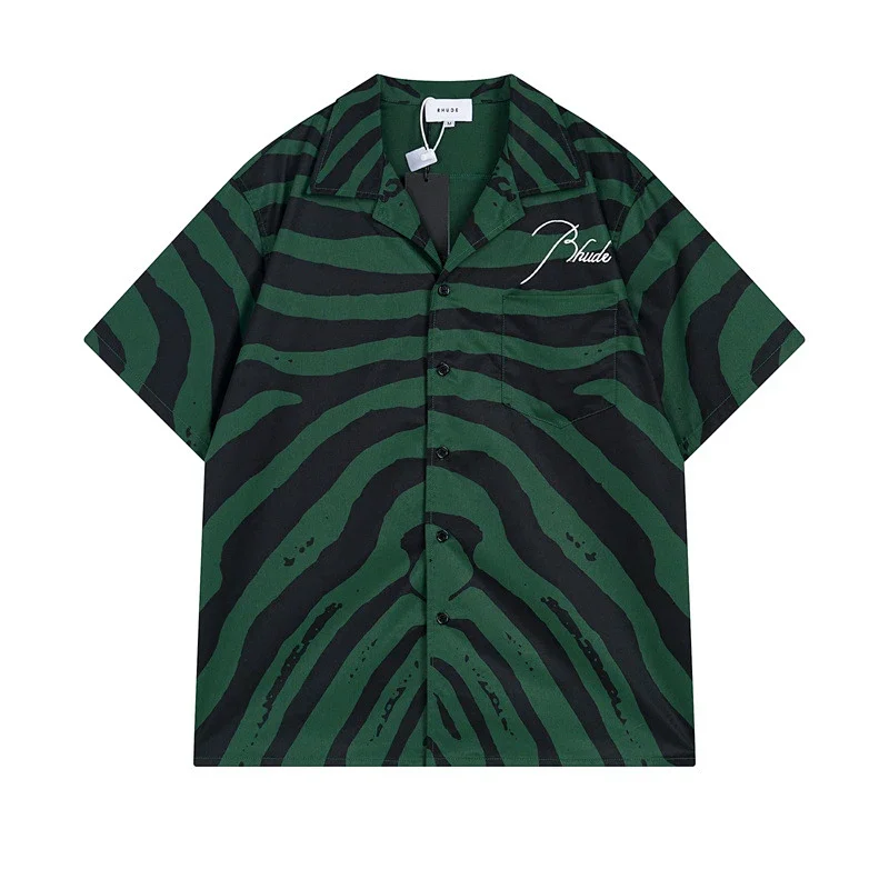 Rhude Shirts Embroidered Palm Tree Color-Block Short-Sleeve Shirt — C 01 Green top