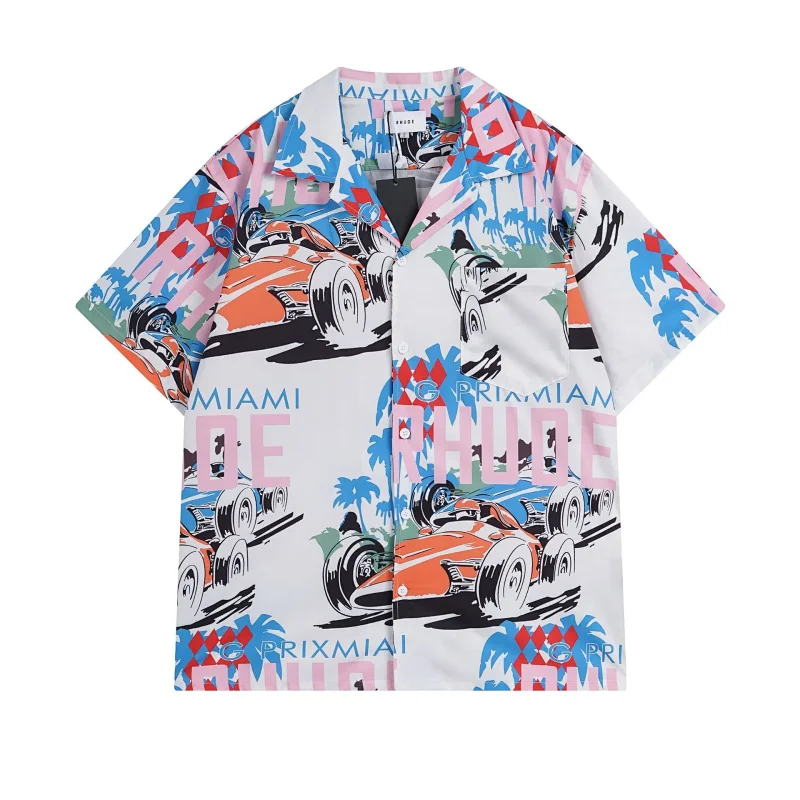 Rhude Shirts Embroidered Palm Tree Color-Block Short-Sleeve Shirt — B 01 White top