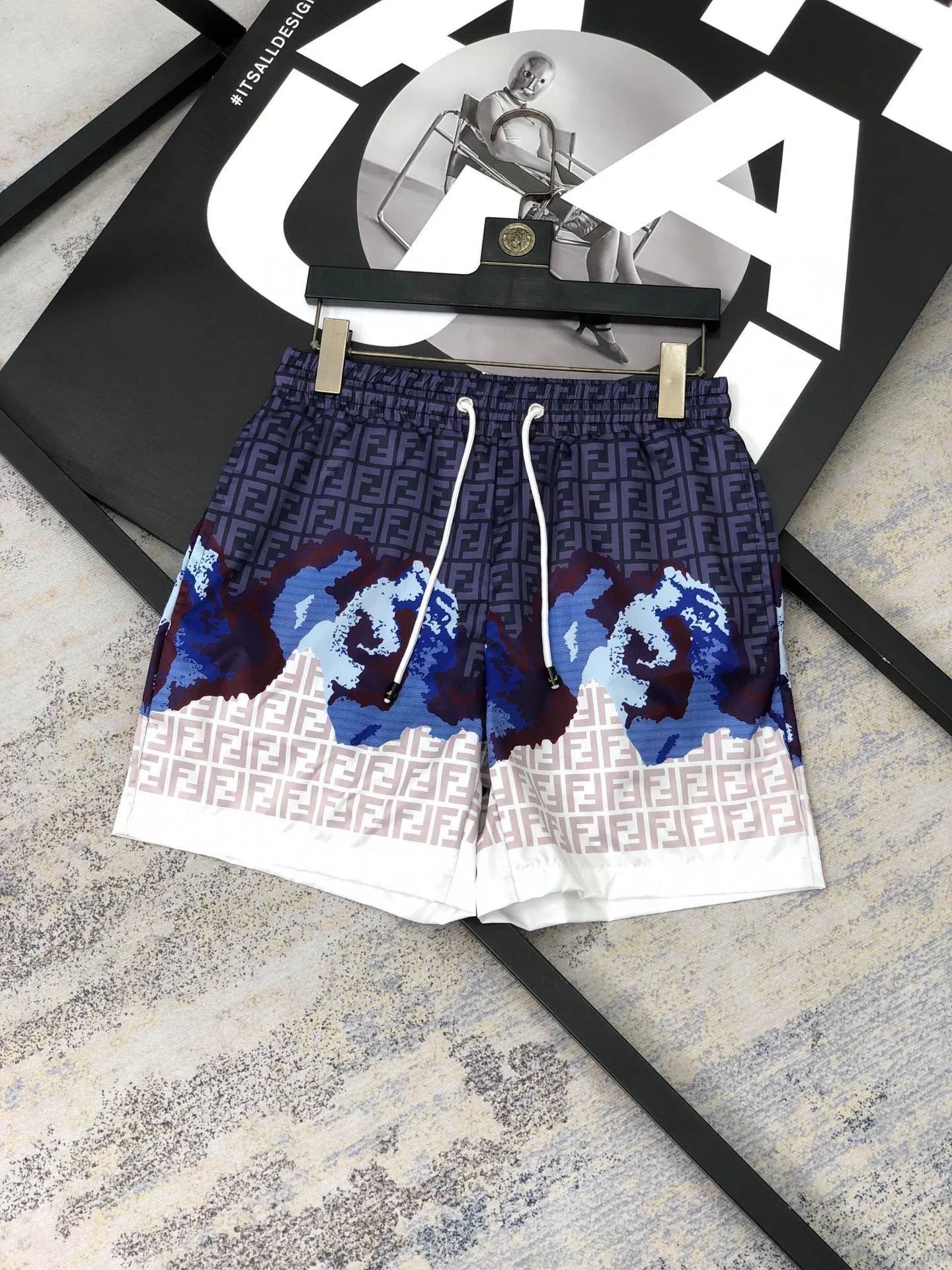 Fendi Swimwear FF monogram drawstring swim shorts — F 4 Blue and white