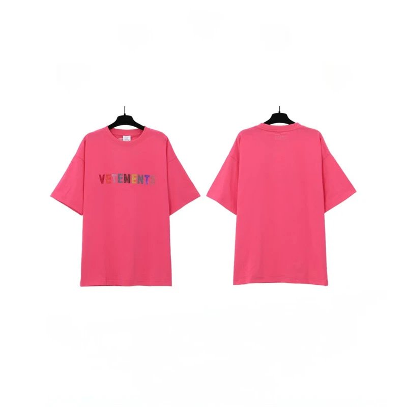 Vetements T-Shirts Graphic Print — Rose Rainbow Rhinestone 7012