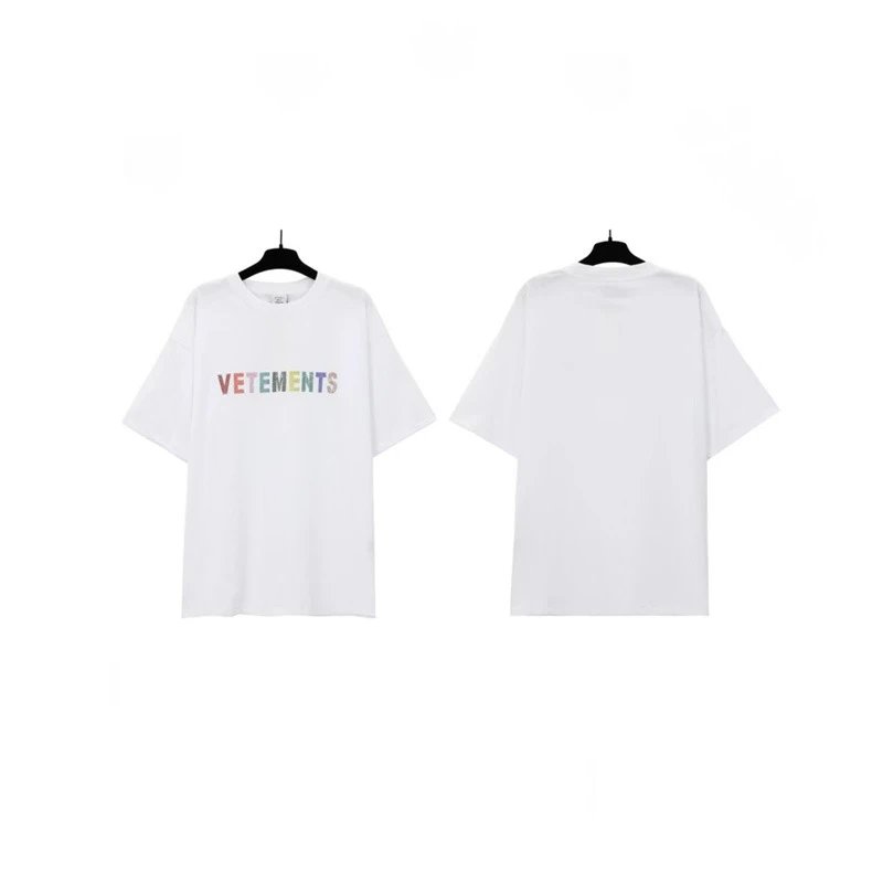 Vetements T-Shirts Graphic Print — White Rainbow Rhinestone 7012