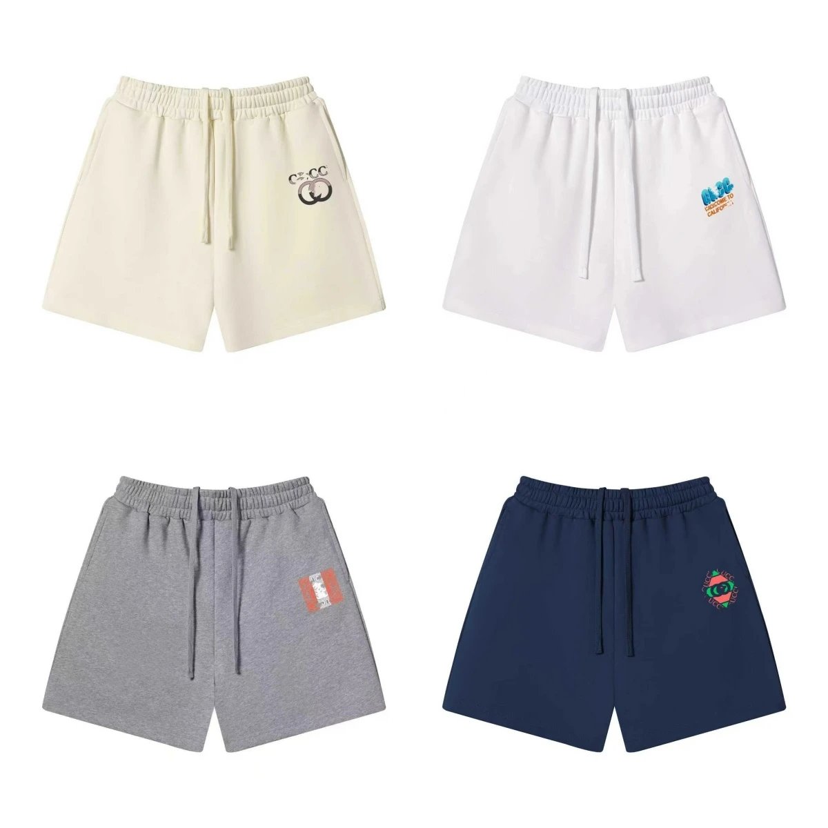Gucci Beige, White, Grey, and Navy Drawstring Shorts