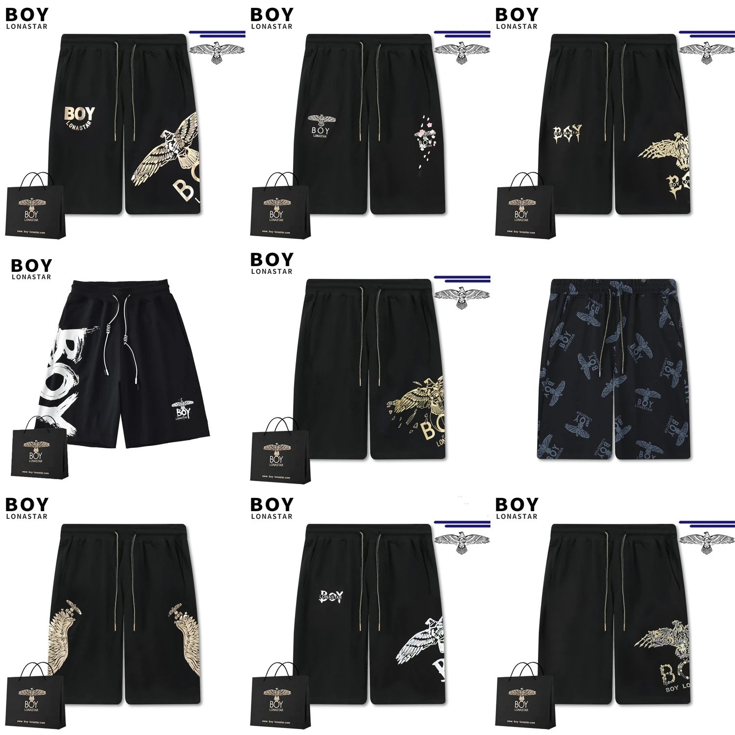 Design BOY Eastern Winged Eagle Embroidered Black Sweat Shorts - 4