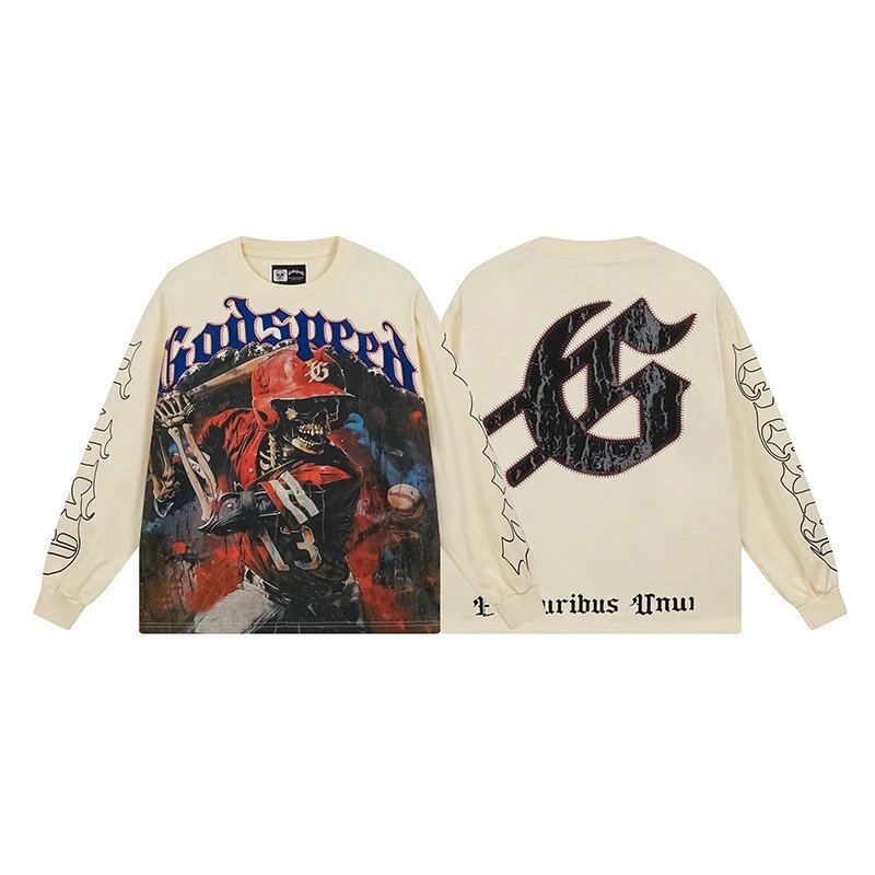 Godspeed Shirts Graphic long-sleeve crewneck shirt — 3159 apricot color