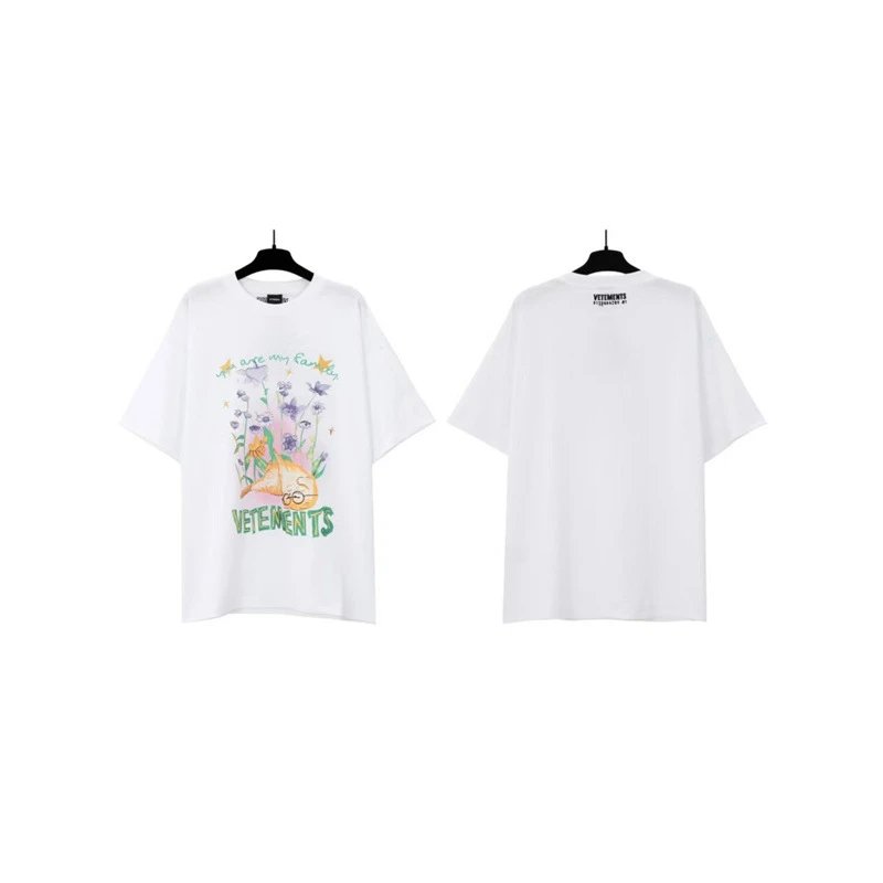 Vetements T-Shirts Graphic Print — White Flower Cat 7017