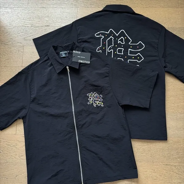 Design Mixed Emotion Zip-Up Shirt Black Streetwear Tops Shirt - 1