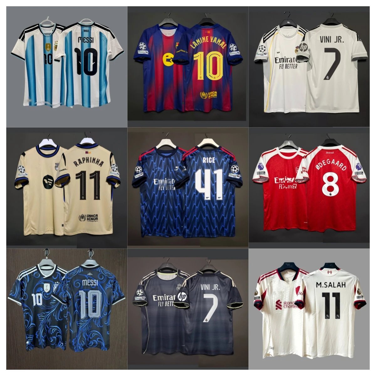 Various Football Club Jerseys with Player Names and Numbers