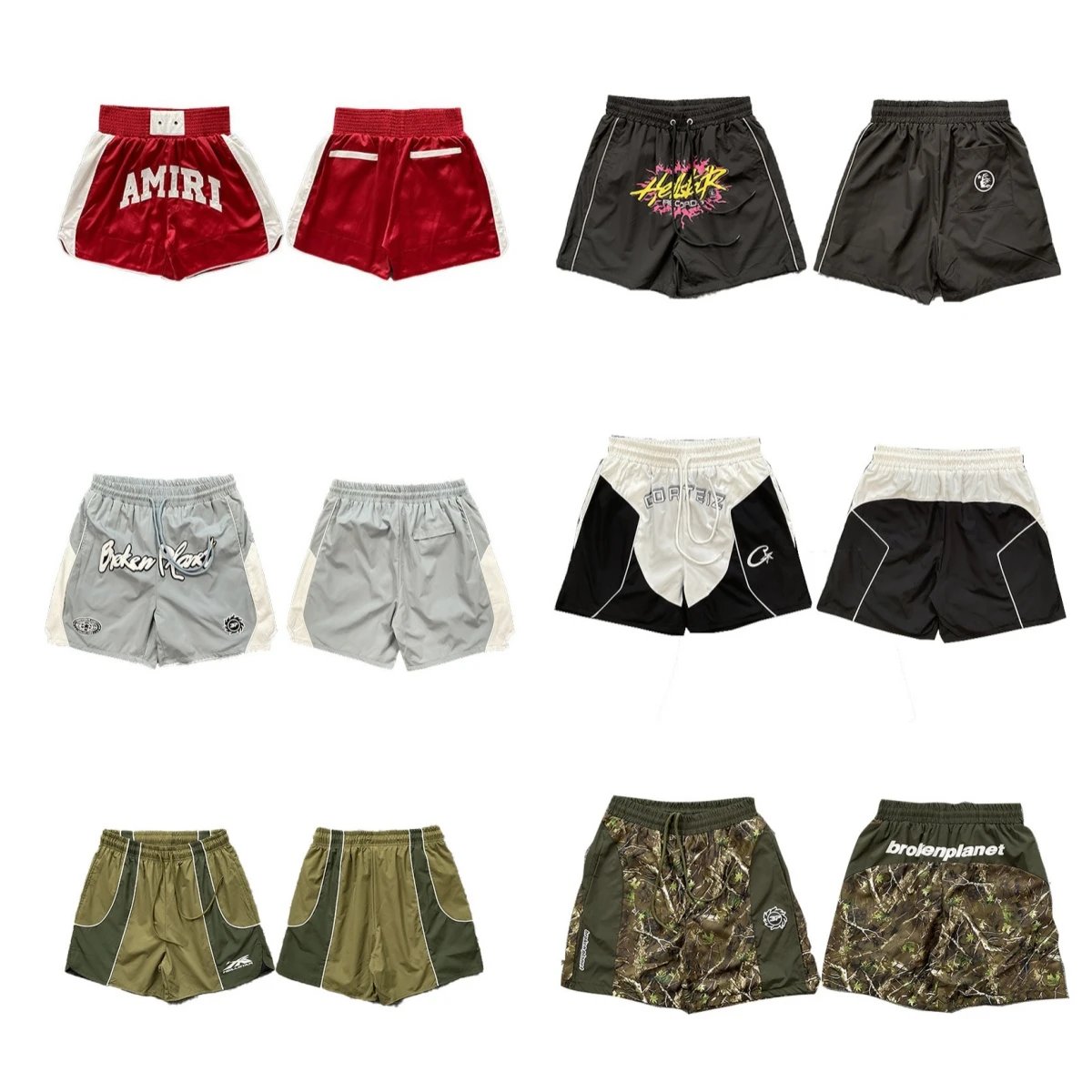 Amiri Red Velour Shorts, Black Helix Shorts, Grey Broken Planet Shorts, White Cortez Shorts, Olive Green Striped Shorts, Camo Broken Planet Shorts