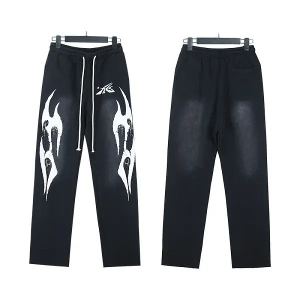 Design Flame Skull Print Black Sweatpants - 1