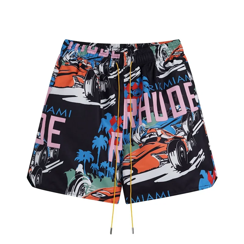 Rhude Shirts Embroidered Palm Tree Color-Block Short-Sleeve Shirt — B 02 Black shorts