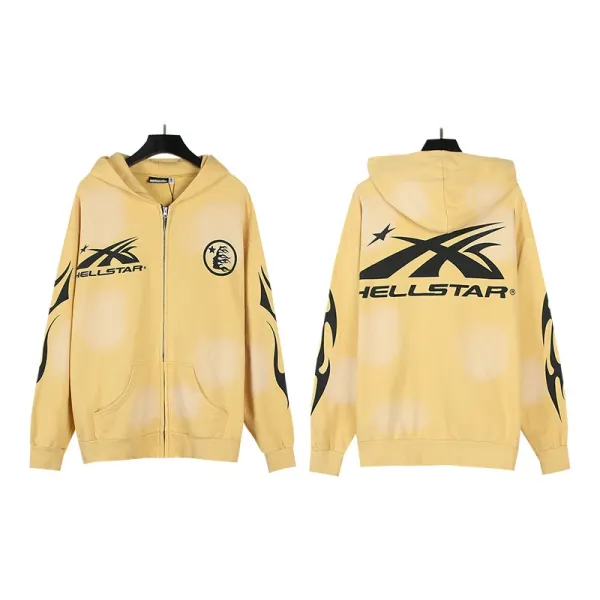 Hellstar X-Logo Washed Yellow Zip-Up Hoodie - 1