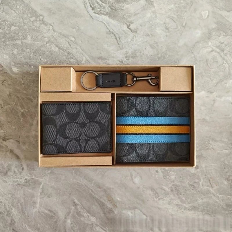 Coach Wallets & Card Holders Signature C Three-Piece Wallet, Holder and Keychain Set — Printed black with yellow