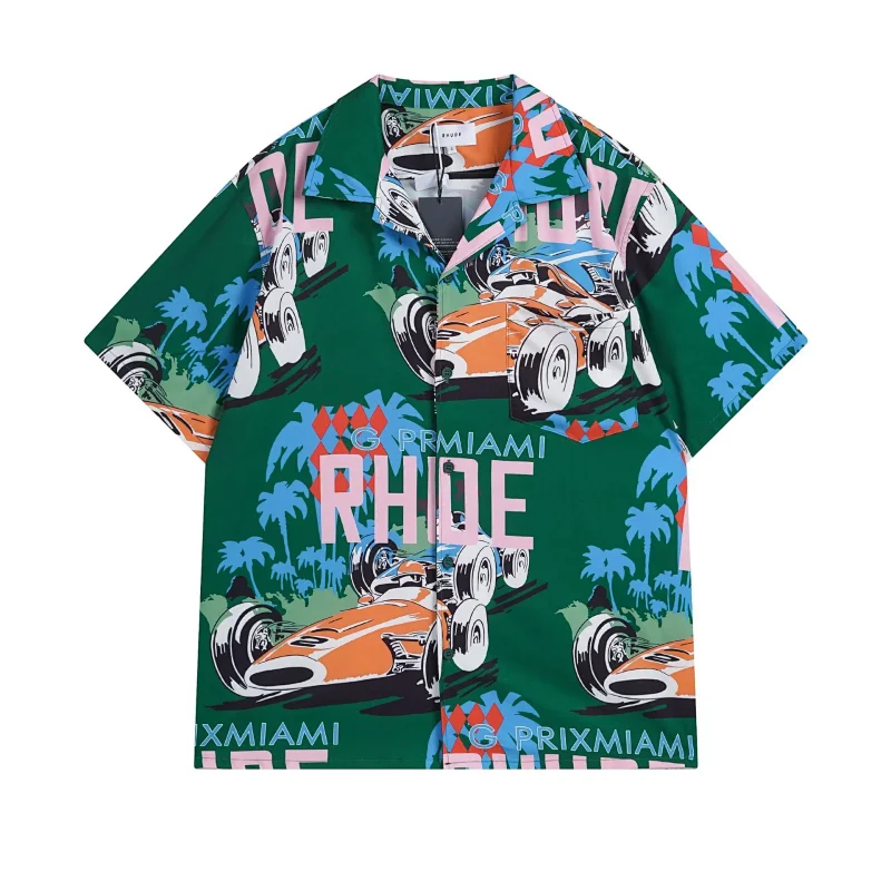 Rhude Shirts Embroidered Palm Tree Color-Block Short-Sleeve Shirt — B 03 Green top