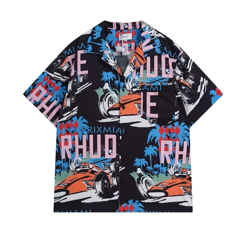 Rhude Shirts Embroidered Palm Tree Color-Block Short-Sleeve Shirt — B 02 Black top