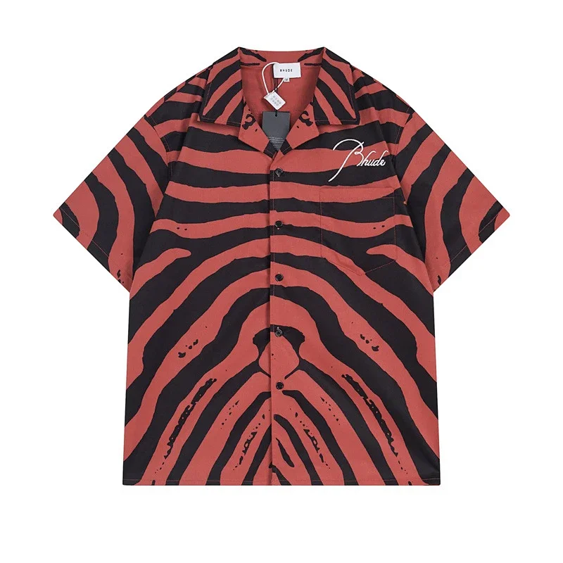 Rhude Shirts Embroidered Palm Tree Color-Block Short-Sleeve Shirt — C 02 Watermelon red top