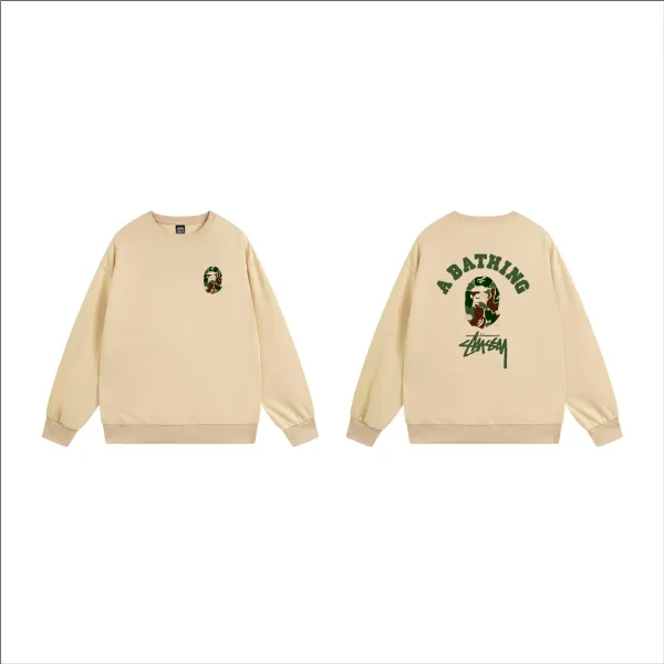 A Bathing Ape x Stussy Camo Ape Head Crewneck Sweatshirt Beige Hoodie - 1