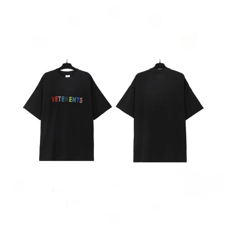 Vetements T-Shirts Graphic Print — Black Rainbow Rhinestone 7012