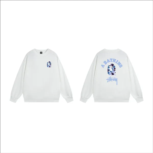 A Bathing Ape x Stussy Camo Ape Head Crewneck Sweatshirt White Hoodie - 1