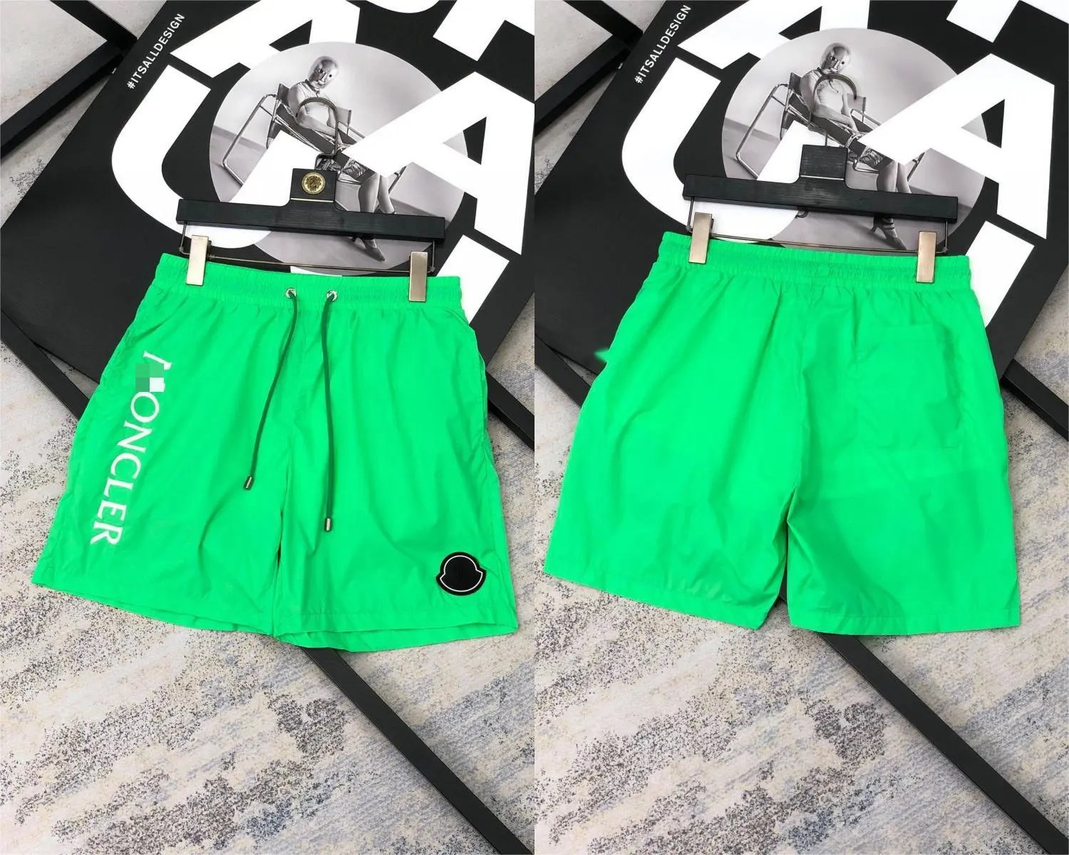 Moncler Logo Print Neon Green Swim Shorts - 1