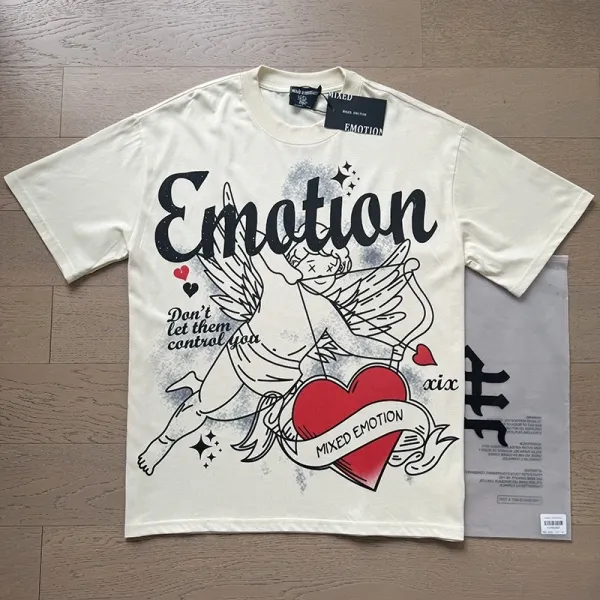 Design Mixed Emotion Angel Heart Graphic T-Shirt Beige T-Shirts - 1