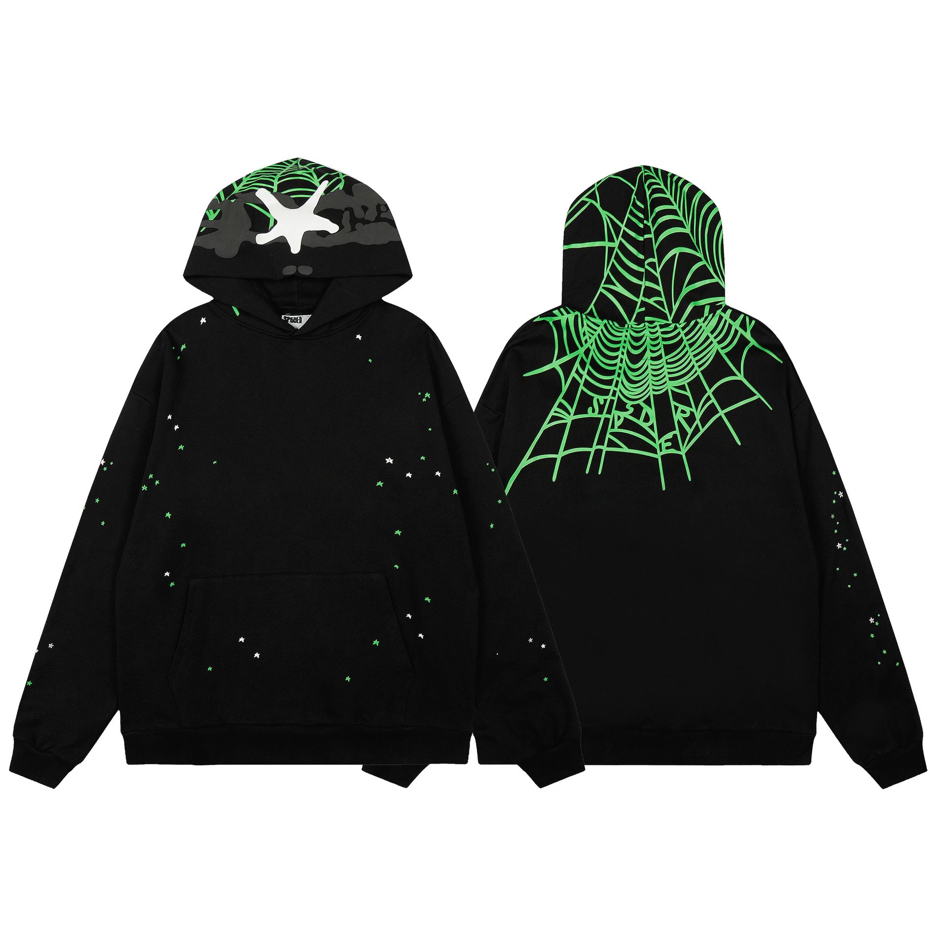 Sp5der Graphic Print Hoodie — 7760 black and green top