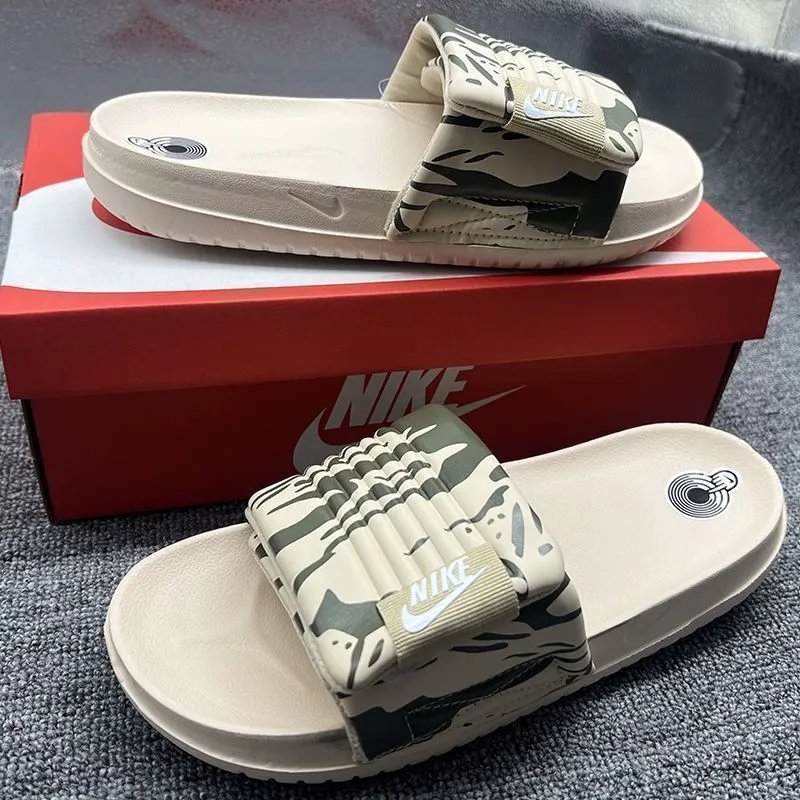 Nike Slippers Adjustable hook-and-loop slide — NK Small logo hook and loop-camouflage khakis