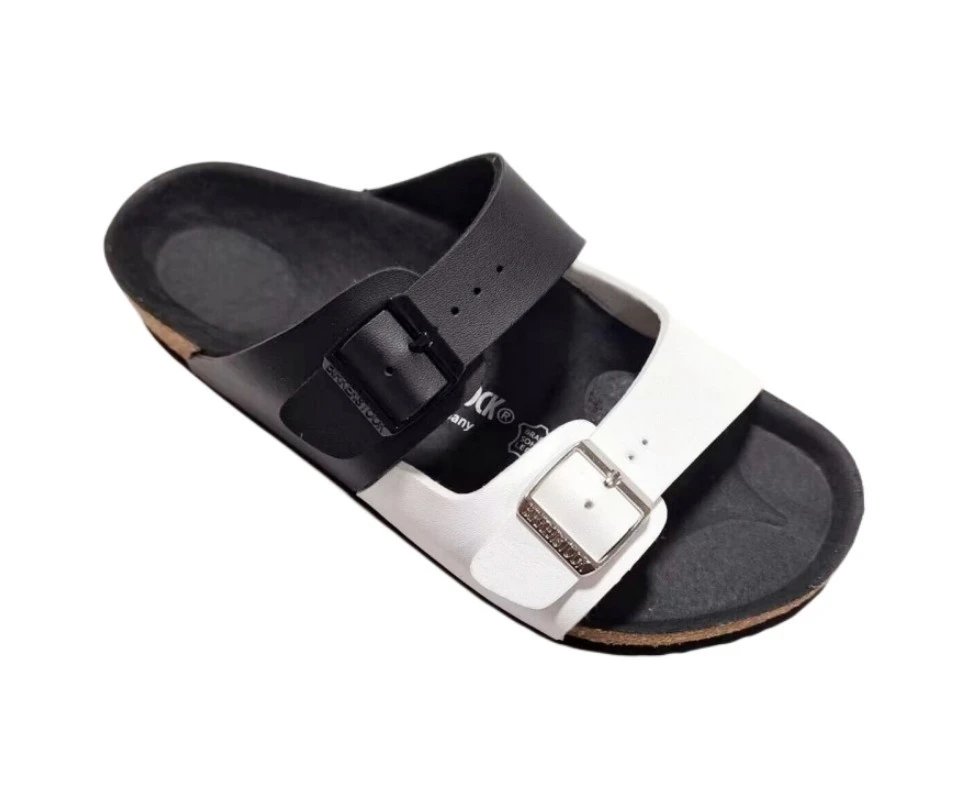 Birkenstock Sandals Arizona two-strap buckle — Two-prong black-and-white matte