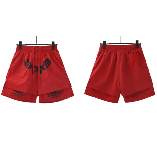 Design Layered Spiderweb Print Red Shorts - 1