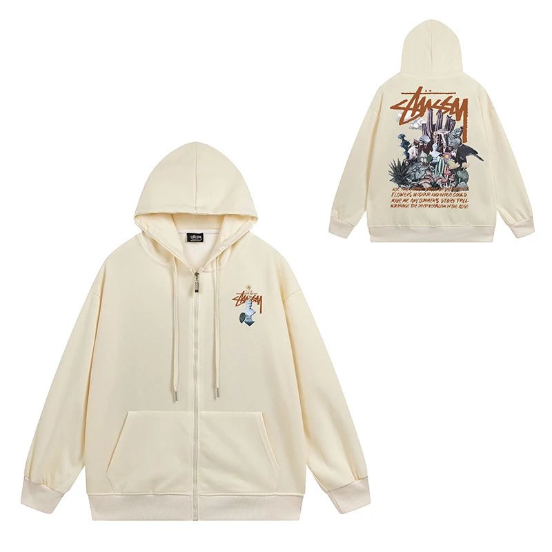Stüssy Hoodies & Sweatshirts Zip-Up Hooded Sweatshirt with Graphic Prints — 703 Apricot Color